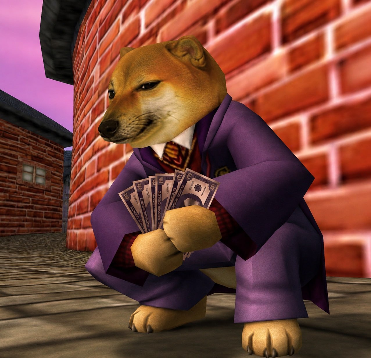 The CashDog in a purple suit holding a handful of banknotes in an alley