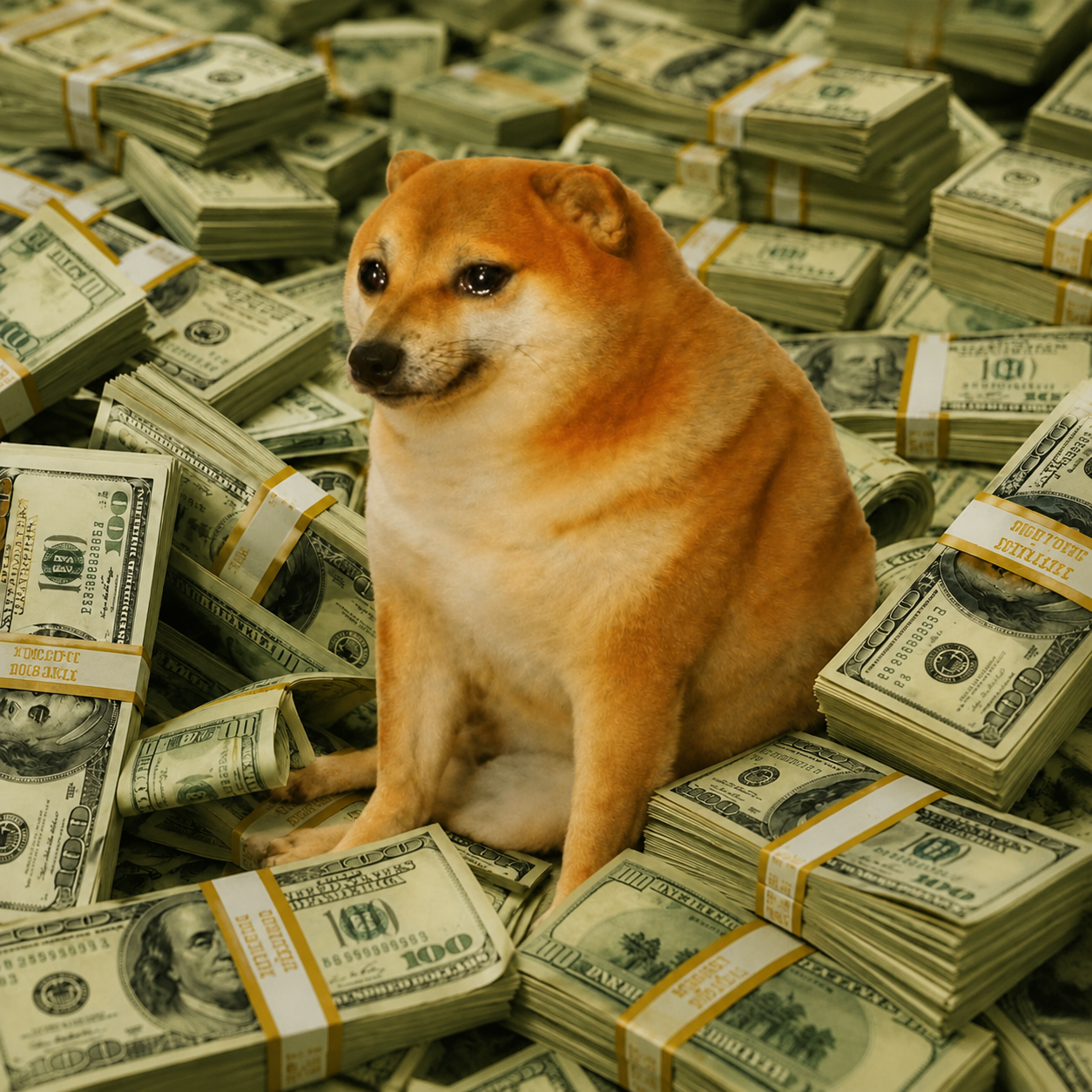 The CashDog sitting on stacks of hundred dollar bills