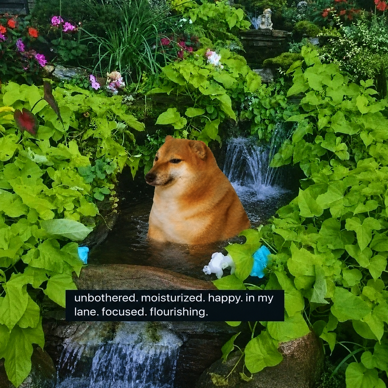 The CashDog unbothered, moisturized and flourishing in a garden pond