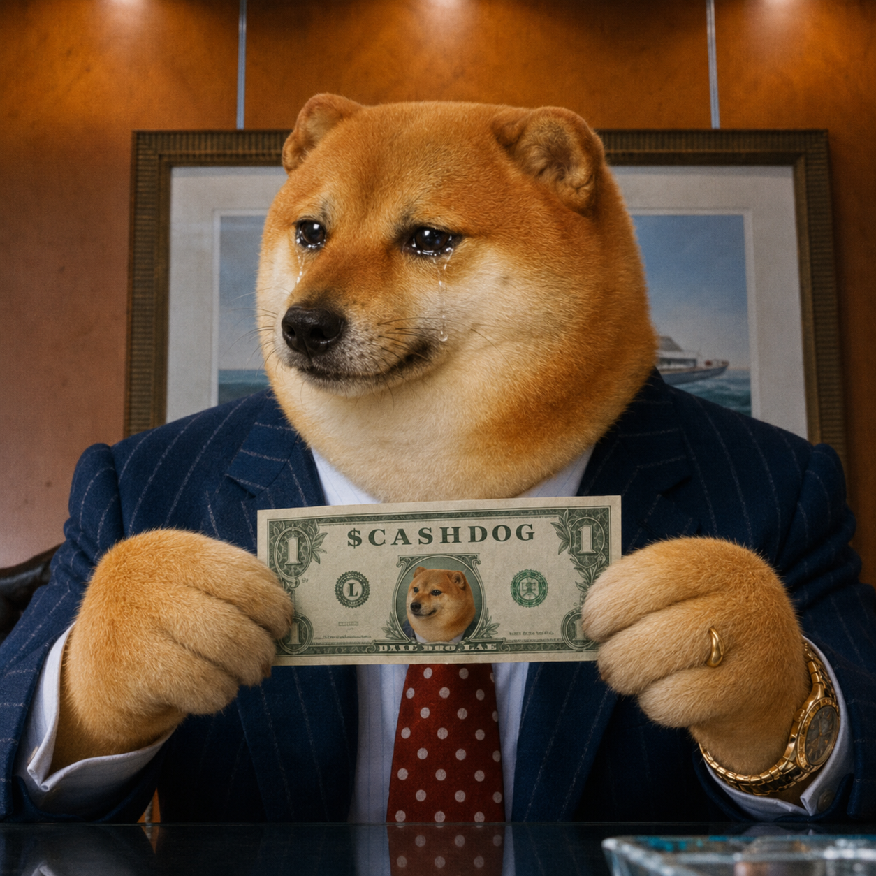 The CashDog in a pinstripe suit holding the first printed $CASHDOG bill